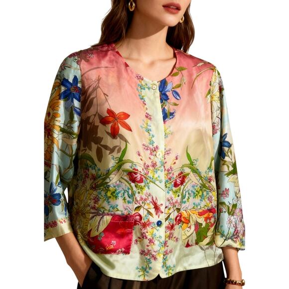 Johnny Was Silk Mizumi Floral Print Reversible Button up Top Multicolor XS - Picture 3 of 10